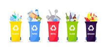 Waste Collection, Segregation And Recycling. Garbage Separated Into Different Types And Collected Into Waste Containers. Each Bin For Different Material. Vector Illustration