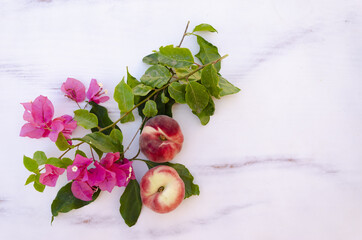 Sticker - Top view of pink bougainvillea flower and fig peaches isolated on a white background