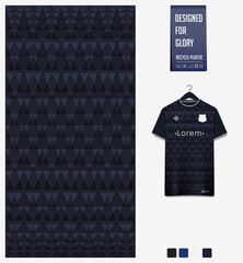 Soccer jersey pattern design. Geometric pattern on black abstract background for soccer kit, football kit or sports uniform. T-shirt mockup template. Fabric pattern. Sport background. 