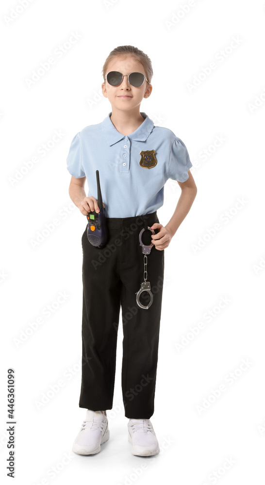 Cute little police officer on white background