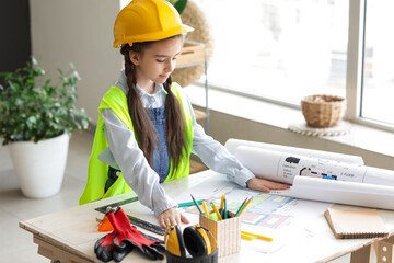 Canvas Print - Cute little architect working in office