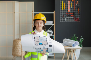 Poster - Cute little architect with house plan in office