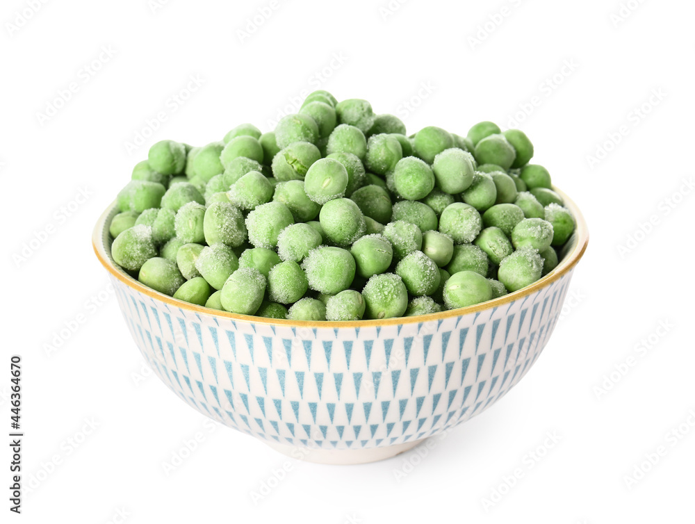 Bowl with frozen green peas on white background