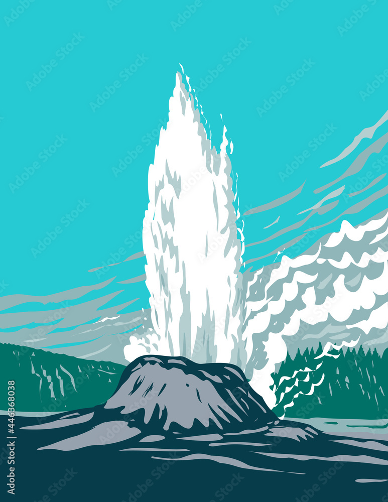 Castle Geyser a Cone Geyser Located in the Upper Geyser Basin in Yellowstone National Park Teton County Wyoming USA WPA Poster Art - obrazy, fototapety, plakaty 