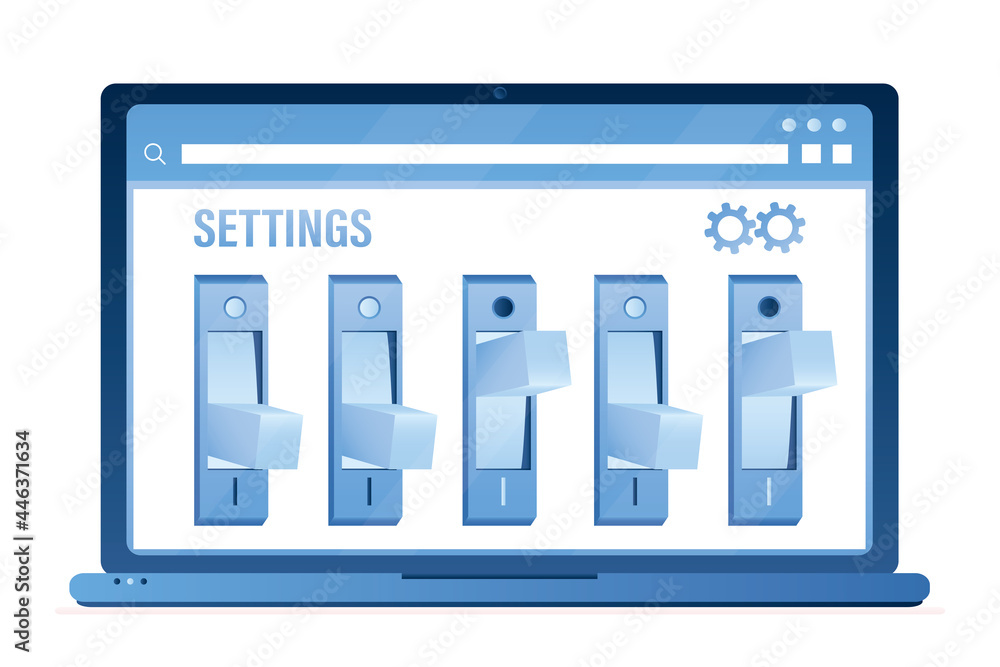 Settings panel on laptop screen. Group of switches. Turn custom ...