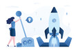 © naum - Businesswoman pulls large lever of mechanism and launching spaceship. Starting new business project. Open hatch, rocket take off, startup concept.