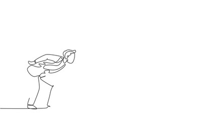 Wall Mural - Self drawing animation of single one line draw young business man bent over because work overload. Business time discipline metaphor concept. Continuous line draw. Full length animated illustration.