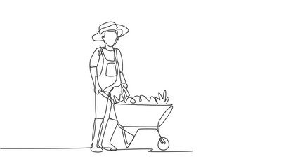 Wall Mural - Animated self drawing of single continuous line draw happy couple farmer with wheelbarrow trolley, basket full of fruits. Successful harvest activity minimalism concept. Full length one line animation