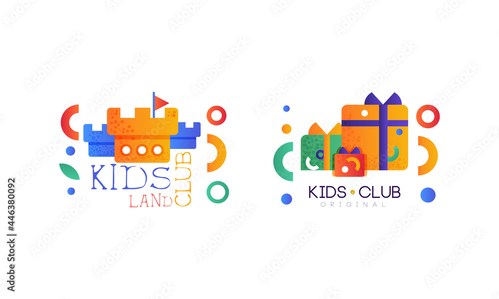 Kids Land Logo Set, Kindergarten, Playground, Game Area, Party for Children Bright Original Badges Flat Vector Illustration - obrazy, fototapety, plakaty 