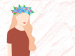 Cute young girl in a wreath of flowers on her head is isolated on a grunge textured background. All nations are beautiful. Banner or poster for text. Vector illustration