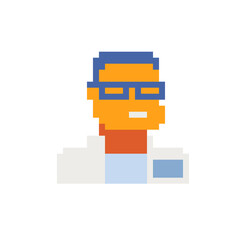 Poster - Scientist with glasses. Man in goggles character. Pixel art. Isolated vector flat illustration. Design for stickers, logo, avatar, mobile app. Game assets 8-b