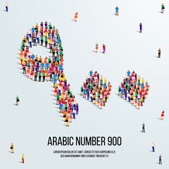 Wall Mural - large group of people form to create the number 900 or Nine Hundred in Arabic. People font or Number. Vector illustration of Arabic number 900.