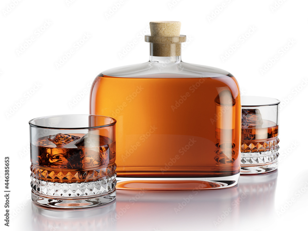 3d rendering of whiskey bottle with two glasses filled with beverage and ice cubes. - obrazy, fototapety, plakaty 
