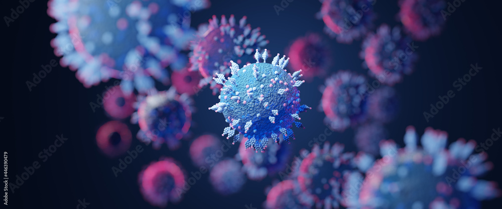 Macro coronavirus(covid-19) cell delta plus variant. B.1.617.2 E484Q L452R.COVID 19 Delta plus variant Sars ncov 2 2021.Mutated coronavirus SARS-CoV-2 flu disease pandemic, 3D render illustration - obrazy, fototapety, plakaty 