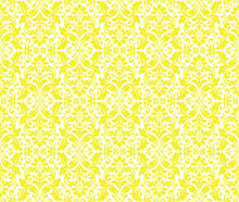 Wallpaper In The Style Of Baroque. Seamless Vector Background. White And Yellow Floral Ornament. Graphic Pattern For Fabric, Wallpaper, Packaging. Ornate Damask Flower Ornament