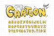 Cartoon font. Yellow comic doodle alphabet and number set. Hand drawn cute funny typography for headline, poster, graphic layout, scrapbook, social web, children book, etc. 