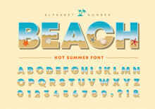 Summer Beach Alphabet And Number Set. Seashore Landscape Font Or Typography. Starfish And Seashells Flat Design. Tropical Summer Typeface For Poster, Invitation, Greeting Card, Postcard, Travel, Etc.