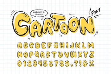 Wall Mural - Cartoon font. Yellow comic doodle alphabet and number set. Hand drawn cute funny typography for headline, poster, graphic layout, scrapbook, social web, children book, etc. 