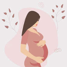 Pregnant Woman Holds Her Belly. Pregnant Brunette. Pregnancy Resources Type. Well Fitted Pregnant Female Character. Happy Pregnancy. Flat Cartoon Vector.