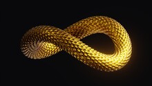 3d Render, Twisted Loop Infinity Symbol With Shiny Golden Snake Scales Texture, Abstract Clip Art Isolated On Black Background