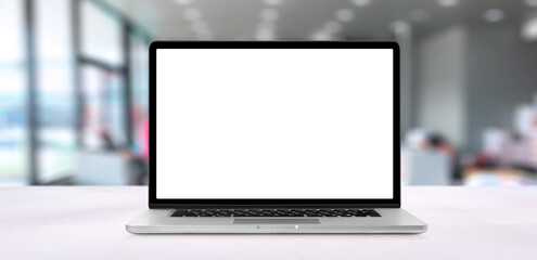 Laptop or notebook with blank screen on service counter in blurry background with parcel delivery office express, EMS.