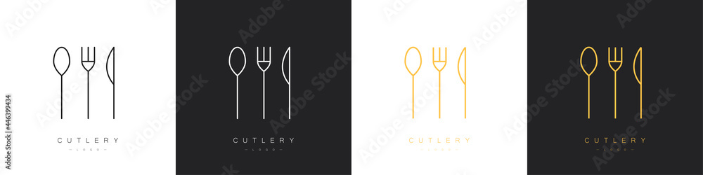 Set of cutlery logos in linear style. Spoon, fork and knife. Vector illustration - obrazy, fototapety, plakaty 