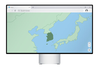 Wall Mural - Computer monitor with map of South Korea in browser, search for the country of South Korea on the web mapping program.