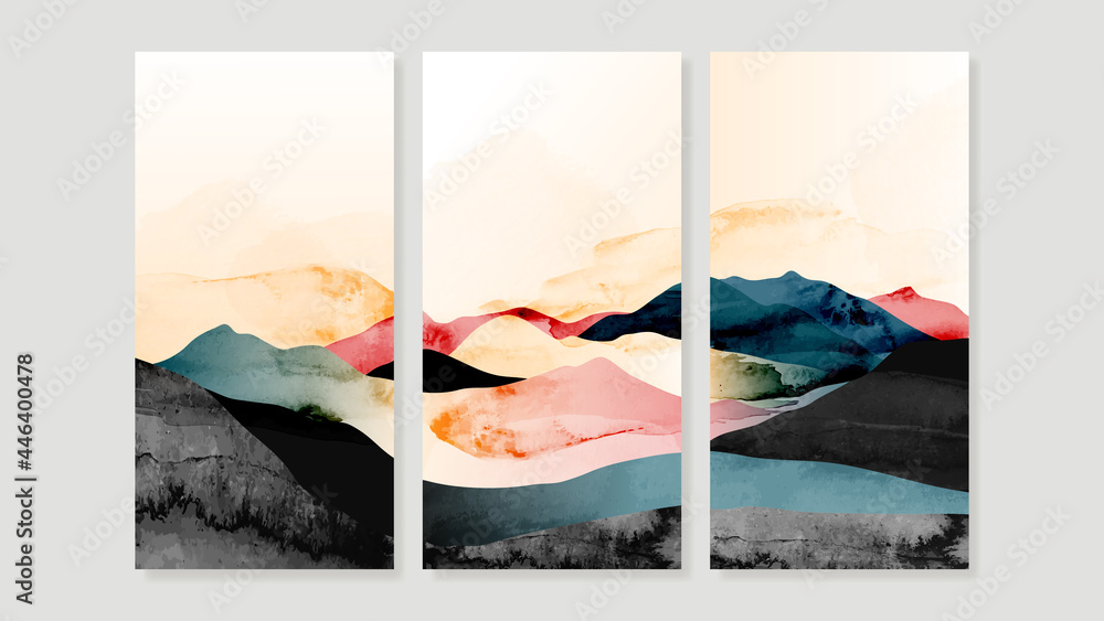Mountain Canvas Art Print.  Triptych wall art vector. China Poster, Watercolor Landscape, Floating Mountains design for  Home Decor, Office Art and wallpaper. - obrazy, fototapety, plakaty 