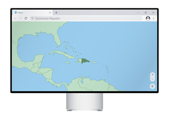 Wall Mural - Computer monitor with map of Dominican Republic in browser, search for the country of Dominican Republic on the web mapping program.