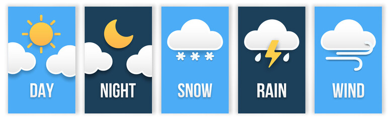 Wall Mural - weather vertical posters. daytime and nighttime illustration, weather forecast widgets. thunderstorm