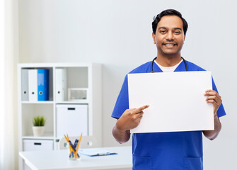 Sticker - healthcare, profession and medicine concept - happy smiling indian male doctor or nurse in blue uniform with board over medical office at hospital background