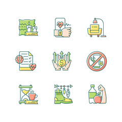 Sticker - Modern lifestyle and health RGB color icons set. Cozy interior. Minimalism. Mental wellbeing. Fitness tracker. Digital detox. Isolated vector illustrations. Simple filled line drawings collection