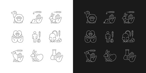 Stop animal testing linear icons set for dark and light mode. Pet protection and welfare. Cruelty free mark. Customizable thin line symbols. Isolated vector outline illustrations. Editable stroke