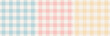 Gingham check pattern print in pink, blue, yellow, off white. Light pastel vichy graphic vector for gift paper, tablecloth, oilcloth, picnic blanket, other modern spring summer fashion fabric design.