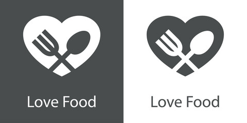 Poster - Logo con texto Love Food con corazón con cuchillo y tenedor con forma de aspa en fondo gris y fondo blanco