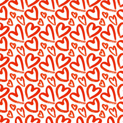 Wall Mural - cute romantic minimalist simple seamless pattern with hand drawn red ink grunge hearts in outline. v