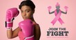 Composition of pink ribbon logo and breast cancer text, with woman wearing boxing gloves