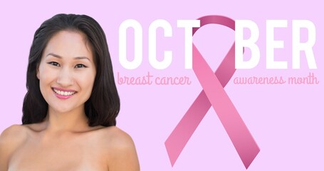 Composition of pink ribbon logo and breast cancer text, with smiling woman