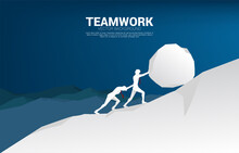 Silhouette Of Two Businessman Pushing The Big Rock To The Top Of Mountain. Concept Of Business Challenge And Hard Work.