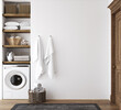 canvas print picture - White cozy bathroom interior, farmhouse style, 3d render