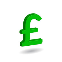 3D Vector Illustration Of Green Pound Sterling Sign Isolated In White Color Background. British, United Kingdom Currency Symbol.