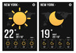 Weather forecast widget. Day and night weather app templates. With a map of the earth. In paper style, on a dark background