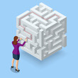 © Golden Sikorka - Isometric maze, labyrinth solution. Business team looking for solution in a maze. Challenge. Puzzle riddle logic game isometric concept. The path to the goal or success, teamwork and business strategy