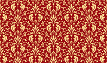 Wallpaper In The Style Of Baroque. Seamless Vector Background. Gold And Red Floral Ornament. Graphic Pattern For Fabric, Wallpaper, Packaging. Ornate Damask Flower Ornament
