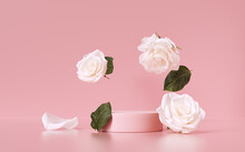 Abstract Minimal Scene With Falling Flowers – Object Display Mockup, Cosmetic Beauty Product Promotion Background With Pink Pedestal And White Roses. 3d Rendering Object Placement Packaging Design