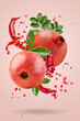 A ripe pomegranate with seeds and leaves flying in the air on a pink background. Background with pomegranate fruit.