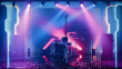 © Gorodenkoff - Empty Concert Stage in a Night Club. Professional Drum Kit and Other Music Equipment for Live Gig with Rock Band. Confetti on the Dance Floor. Bright Colorful Strobing Lights on Stage.