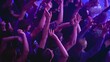 © Gorodenkoff - Music Festival Goers Party with Their Hands Up in the Air at a Concert in a Night Club. Shot from Above with Fans Cheering a Rock or Indie Band. Bright Colorful Strobing Lights Makes the Atmosphere