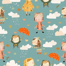 Seamless Pattern With Kids Wearing Colorful Raincoats And Boots