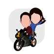 cartoon caricature of couple riding sport racing motorbike